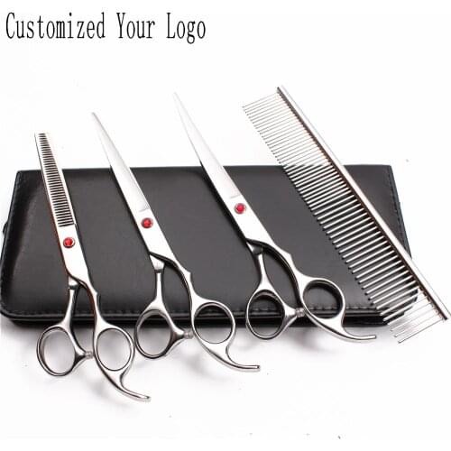 7" Stainless Engraving Logo Shiny Grooming Scissors Comb Cutting Scissors Thinning Shears Dog Curved Scissors Pets Shears C3003