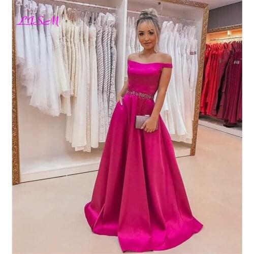 Off the Shoulder Satin Evening Dress with Pockets Beaded Crystals Empire Formal Dresses Elegant Party Prom Gowns 2020