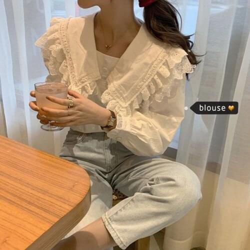 White Shirt Womens Spring 2020 Lace Sailor Collar Top Blusas Ropa De Mujer