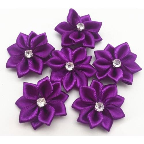 100pcs 25mm Purple Satin Ribbon Flowers Rhinestone Diamond Centered Craft Flower For Wedding Table Decorations Embellishments