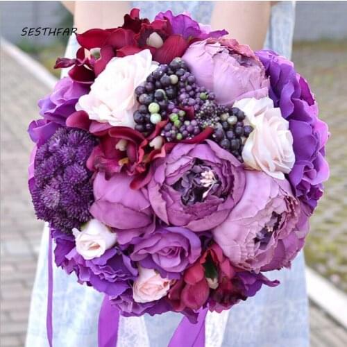 Artificial Rose Ribbon Plant Bride Bouquet Beach Wedding Bridal Flower Bouquets Wedding Accessories SPH062