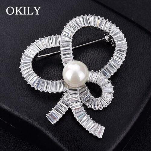 Graceful Bow-knot Brooches for Women Elegant AAA Zirconia with Pearl Broches Winter Coat Scarf Jewelry Accessories