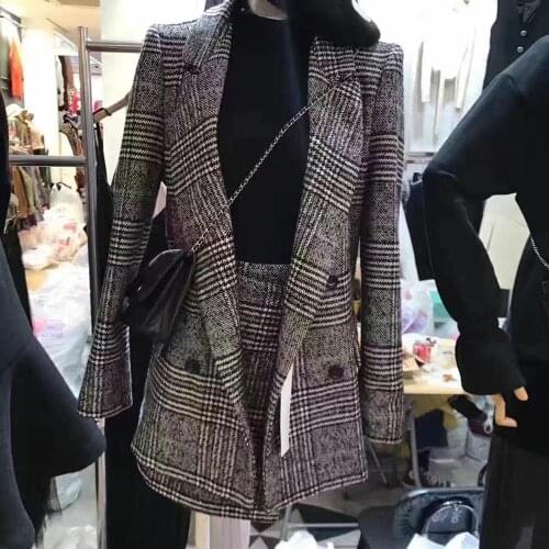JSXDHK Winter Women Tweed 2 Piece Set British Style Notched Plaid Double-breasted Blazers Coat + Woolen A Line Mini Skirt Suit