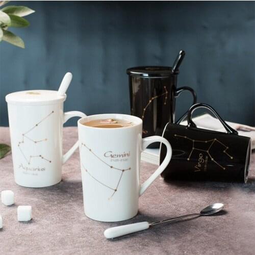 Ceramic Mugs 12 Constellations Creative Mugs with Spoon Lid Black and Gold Porcelain Zodiac Milk Coffee Cup Drinkware coffee cup