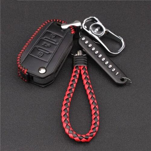 Leather Key Case 3 Buttons Car Key Cover For Peugeot 408 3008 2008 308 307 508 301 4008 With Keychain And Phone Number Card
