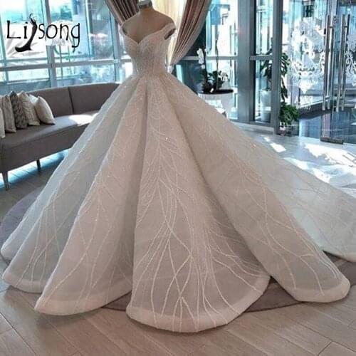 Saudi Arabic Beaded Lace Wedding Dresses 2019 Mariage Puffy Ball Gowns Crystal Plated Luxury Dubai Bridal Gowns