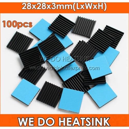 WE DO HEATSINK 100pcs 28x28x3mm Black Anodized Aluminum CPU IC Heatsink Cooler With Thermal Adhesive Transfer Tape