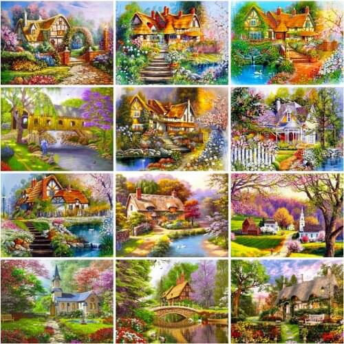 Huacan Diamond Painting Kit House Scenery Cross Stitch Embroidery Garden Flower Mosaic Landscape Home Decor