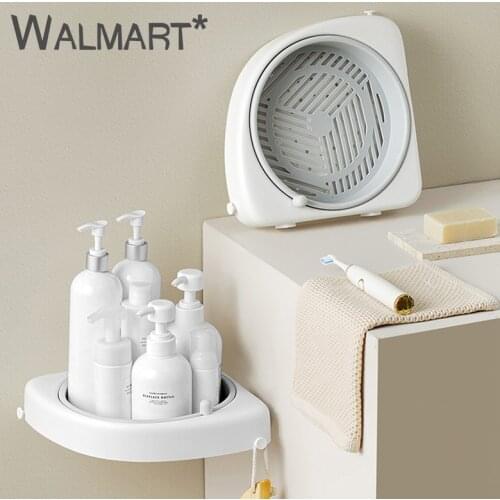 360 Degree Rotating Storage Shelf for Corner Save Space Wall-Mounted Waterproof Organizer Rack Plastic Storage Rack with Hook