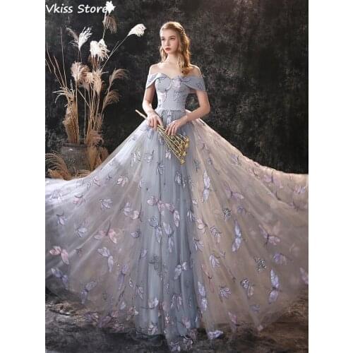 New Evening Dress Gray Laces A-line Tulle Off Shoulder Sweetheart Neck Lace-up Back Floor Length Prom Dress платья знаменитостей