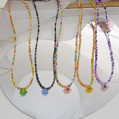 Origin Summer Bohemian Candy Colour Beaded Chokers Necklace for Women Girls Small Crystal Floral Pendant Necklace Jewelry Gifts