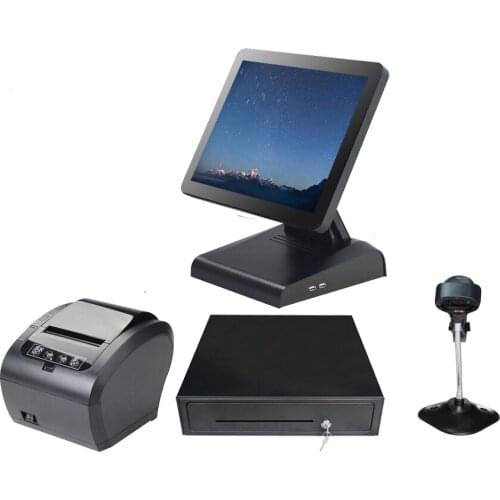 Whole set POS system j1900 fanless POS All in One Restaurants Equipment 15''touch screen black POS terminal 1619