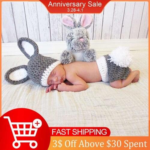 Newborn Photography Props Handmade Baby Rabbit Shaped Crochet Knit Hat Shorts Infant Outfits Winter Warm Girls Clothes w/ Hats