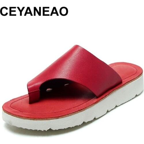 CEYANEAO2020 New Summer High Cowhide Leather Sandals Fashionable Rocker Casual Slippers Flat Light Comfortable Slippers Women