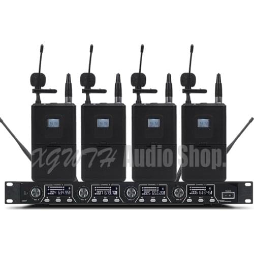 UHF Wireless Microphone System with 4 Collar Clip Lavalier Laval Mic Beltpack Transmitter for Stage Performance Equipment