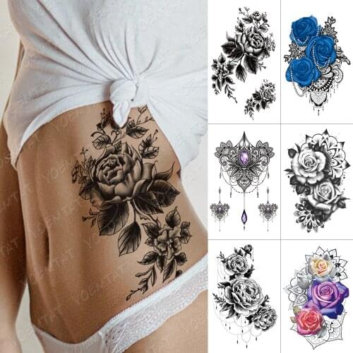 Waterproof Temporary Tattoo Sticker Flower Peony Rose Sketches Flash Tattoos Black Henna Body Art Arm Fake Tatoo Women Men