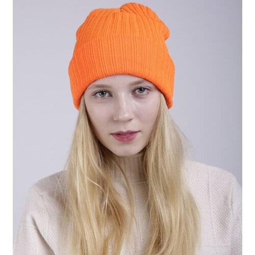 Women solid color knitted Beanie hat for women warm Female autumn winter Vertical stripes cap hat male