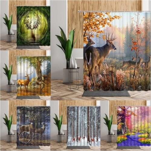 Forest Sika Deer Shower Curtain Bath Snow Scene Bathroom Decor Nature Scenery Wall Decoration Waterproof Cloth Home Curtains Set