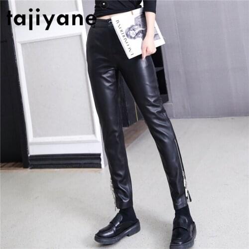 Woman Real Pants Sheepskin Pncil Pants Womenswear Womens Genuine Leather Trousers Mid Waist Pantalon Femme TN2405
