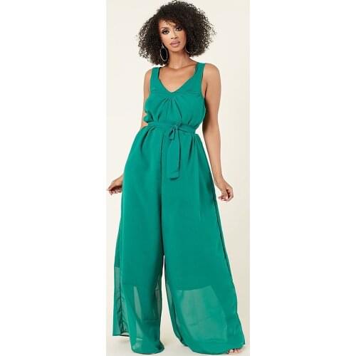 Office Lady Solid Color Rompers Womens Jumpsuit Low Neck Sleeveless Loose Wide Leg Overall Summer Backless Chiffon Bodysuits
