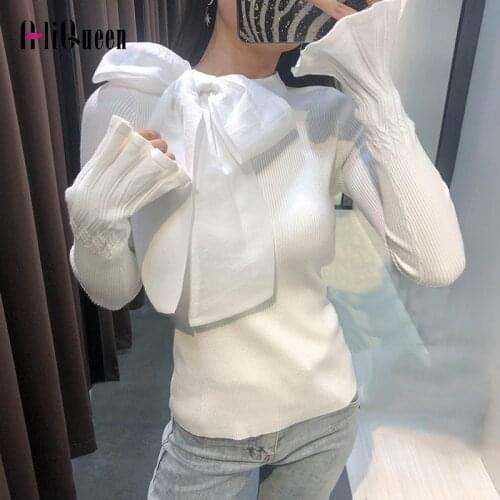 Korean Spring Autumn Women Sweet Bow Tie Neck Sweater Tops Flare Long Sleeve Knitted Pullovers Femme Jumper Sweter Sueter Mujer