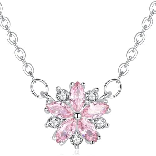 Women Cute Flower Pink Color Copper Sakura Necklace Jewelry Crystal Flower Pendant Necklace Gift Party Size:11mm*11mm