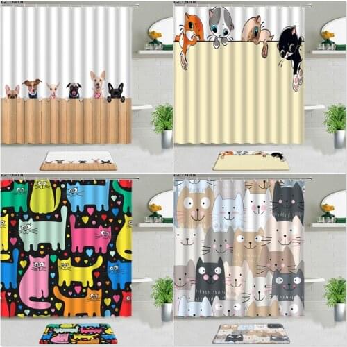2pcs Cartoon Shower Curtains Set With Rug Funny Animal Cat Dog Bathroom Decor Non-slip Floor Mat Flannel Carpet Bathtub Screen
