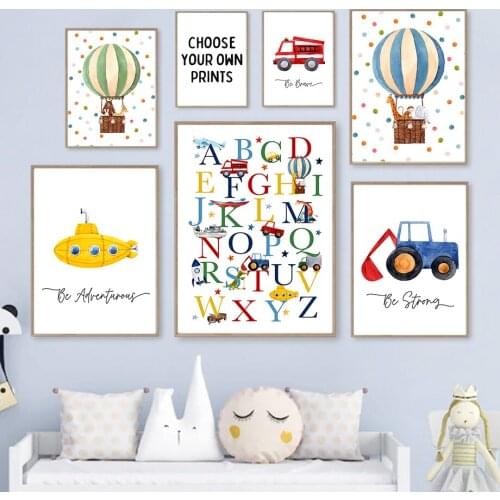 Kawaii Car Fire Truck Nursery Alphabet ABC Wall Art Canvas Painting Nordic Posters And Prints Decoration Pictures Baby Kids Room