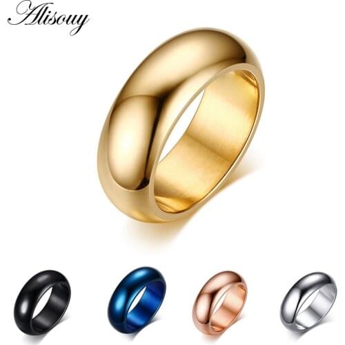 Alisouy High Quality Size 6-13 Solid Stainless Steel Smooth Ring Black/Blue/Gold/Champange Wedding Band Mens Jewelry