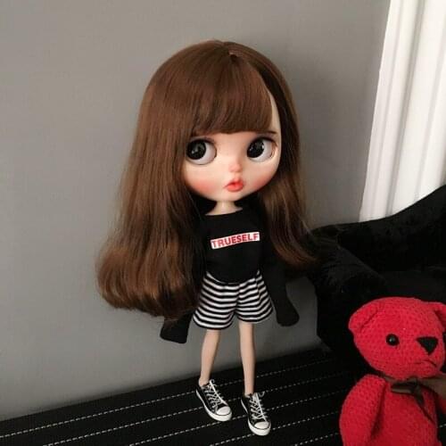 B235 Blyth Doll bjd clothes 30cm 1/6 dolls Azone Accessories handmade black shirt with Striped shorts 2pcs/set
