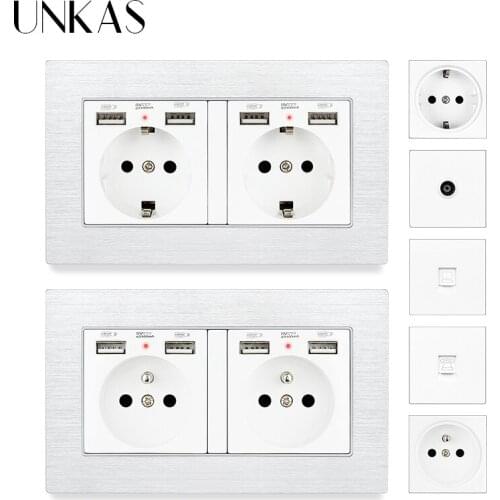UNKAS White Aluminum Panel EU French Wall Power Socket Dual USB Port + TV RJ11 Telephone RJ45 Internet Computer Jack Outlet