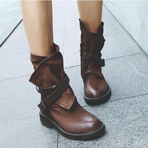 Women Fashion Vintage Mid Calf Boots Soft Leather Shoes Female Autumn Winter Motorcycle Boots Comfortable Women