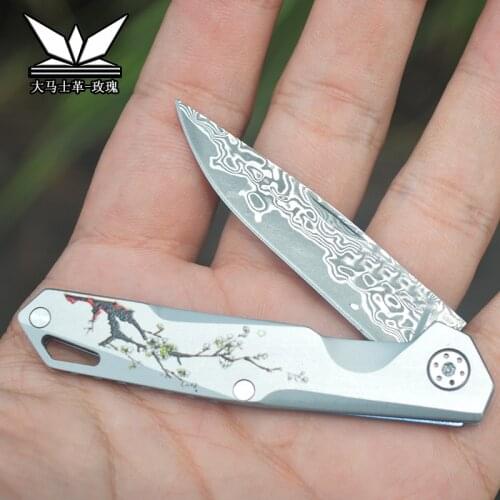 DAMASCUS Knife Outdoor Folding Pocket knives WITH Leather Sheath EDC tool TACTICAL SURVIVAL KNIFE MINI TANTO utility Jackknife