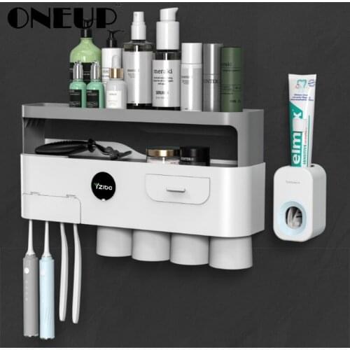 ONEUP Punch Free Toothbrush Holder Magnetic Inverted Cups Toothpaste Squeezer Double Layer Storage Rack For Bathroom Accessories