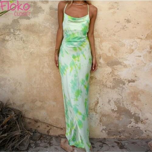 Flokocloset Sexy Tie Dye Spaghetti Strap Backless Halter Maxi Dress Summer Beach Holiday Bodycon Long Sundress