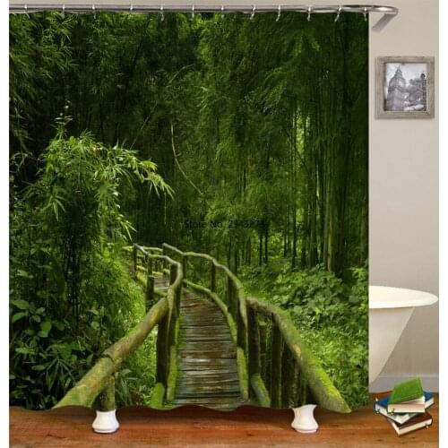 Green Forest Trees Scenery Bath Curtain Shower Curtains Bathroom Waterproof Polyester Fabric 3d Printed Bath Screen 12 Hooks Mat