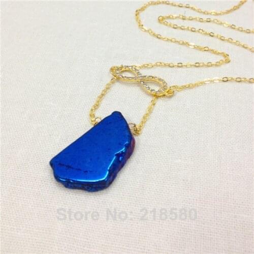H-QN102 Free Form Blue Titanium Quartz Boho Crystals Slab Necklace With Infinity Hot Geometric Charm Necklace 20-35mm 18inch