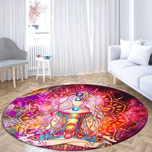 Indian Buddha Statue Round Area Rugs Meditation 7 Chakra Floor Mat Home Bedroom Living Room Decor Printed Yoga Carpets Anti Slip