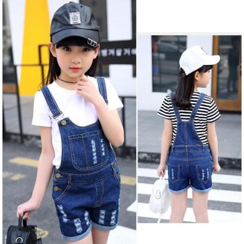 Girls Overalls 2021 New Summer Short Bib Short Jeans For Girl Children Fashion Hole Pants 3-9 Years Kids Clothes