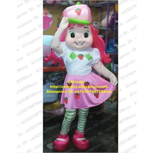 Fancy Pink Strawberry Shortcake Mascot Costume Mascotte Lassock Girl Adult With Green Eyes Pink Green Hat No.1853 Free Ship