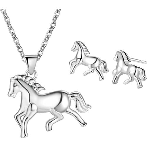 Fashion Women Jewelry Set Silver Plated Horse Pendant Necklace Stud Earrings Jewelry Set Valentine Gift Womans accesories