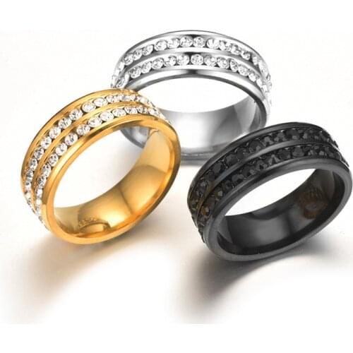 Stainless Steel Double Rows Crystal Finger Mid Rings Titanium Rhinestone Wedding Rings for Women Men Stone Jewelry