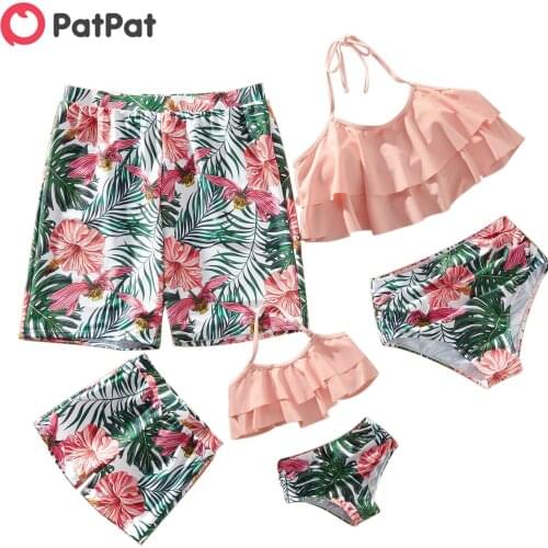 PatPat 2021 New Summer Family Look Solid Ruffle Top and Floral Print Shorts Matching Swimsuits