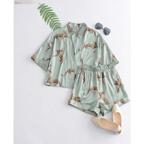 Animal Leopard Pajama Set Print Satin Short Shirt Suits Elastic Waist Wide Leg Shorts Women Loose Short Sleeve Blouse Tops 2 PCS