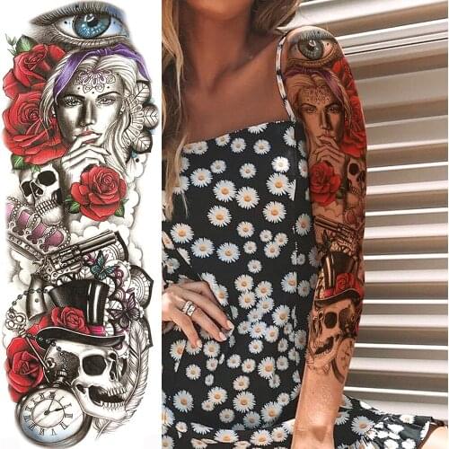 Red Rose Temporary Tattoos For Men Women Body Art Full Arm Sleeve Flower Tatoo Disposable Fake Tattoo Stickers Skeleton Tatoos