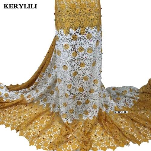 Latest African Cord Lace Fabrics White&Gold High Quality Wedding Beads Guipure Dentelle Nigerian Fashion Dress KRL-8012