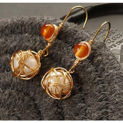 Simple Delicate Natural Stone Real Pearl Earring Handmade Copper Wire Retro Drop Earrings for Women Mimimalist Jewelry Accessory