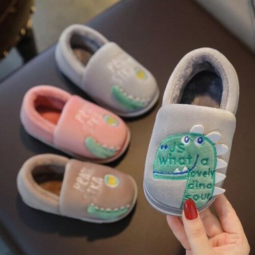 Cartoons Dinosaur Winter Kids Slippers For Boys Grils Home Slippers Children Flip Flops Non-slip Baby Warm Cotton Indoor Shoes