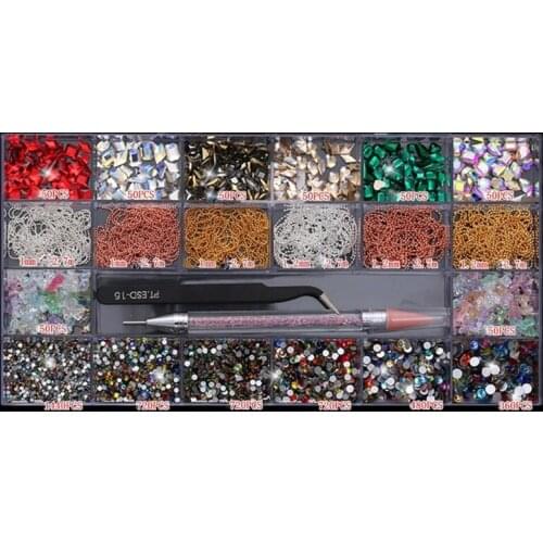 21 Grids Glass Nail Art Decor Multi Shapes with Dual-ended Dotting Pen Tweezers