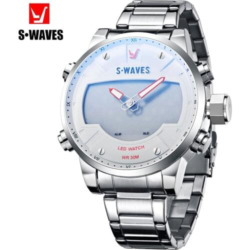 Unique Luxury Man Watch 2019 Silver White Waterproof Relojes Para Hombre LED Stainless Steel Wristwatch Mens Clock SWAVES Brand